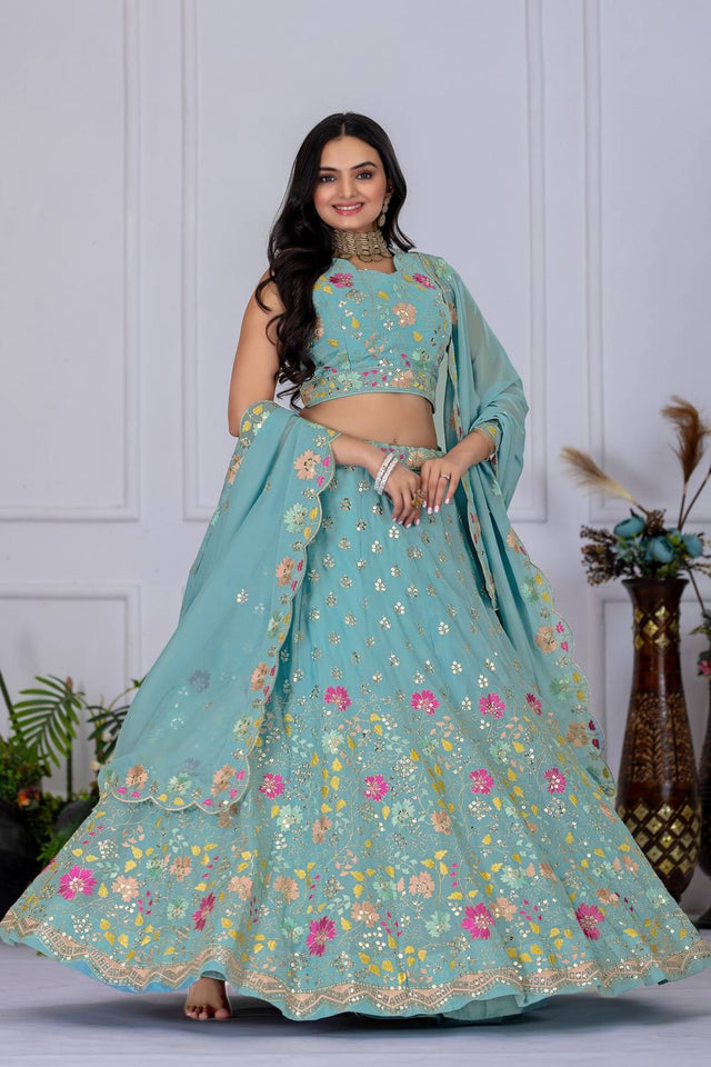 Turquoise Sequin with Embroidered Georgette Lehenga