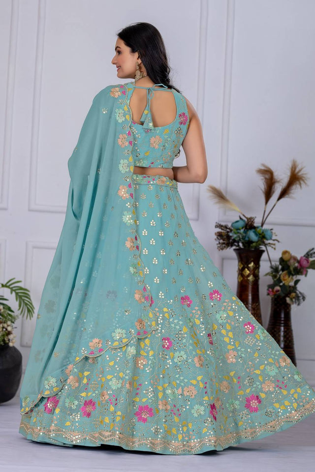 Turquoise Sequin with Embroidered Georgette Lehenga