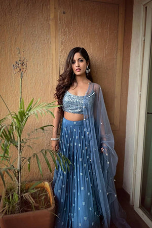 Blue Sequin Georgette Lehenga