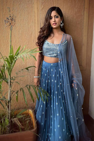 Blue Sequin Georgette Lehenga
