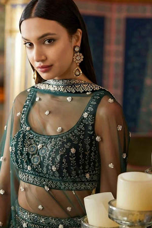 Dark Green Embroidered Georgette Lehenga