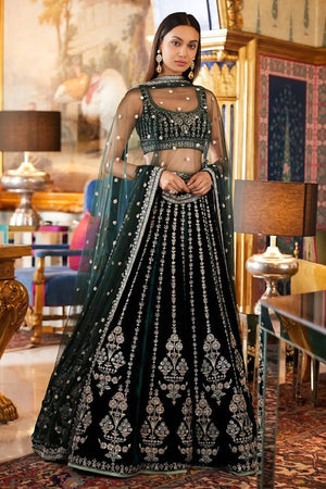 Dark Green Embroidered Georgette Lehenga