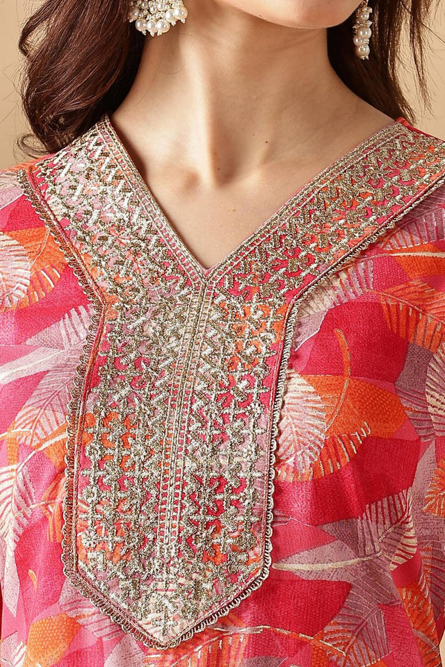 Orange Printed Silk Kurti Pant Set