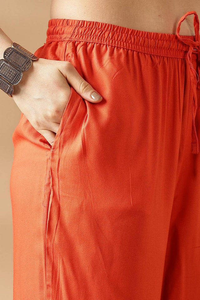 Orange Printed Silk Kurti Pant Set