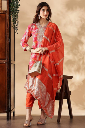 Orange Printed Silk Kurti Pant Set