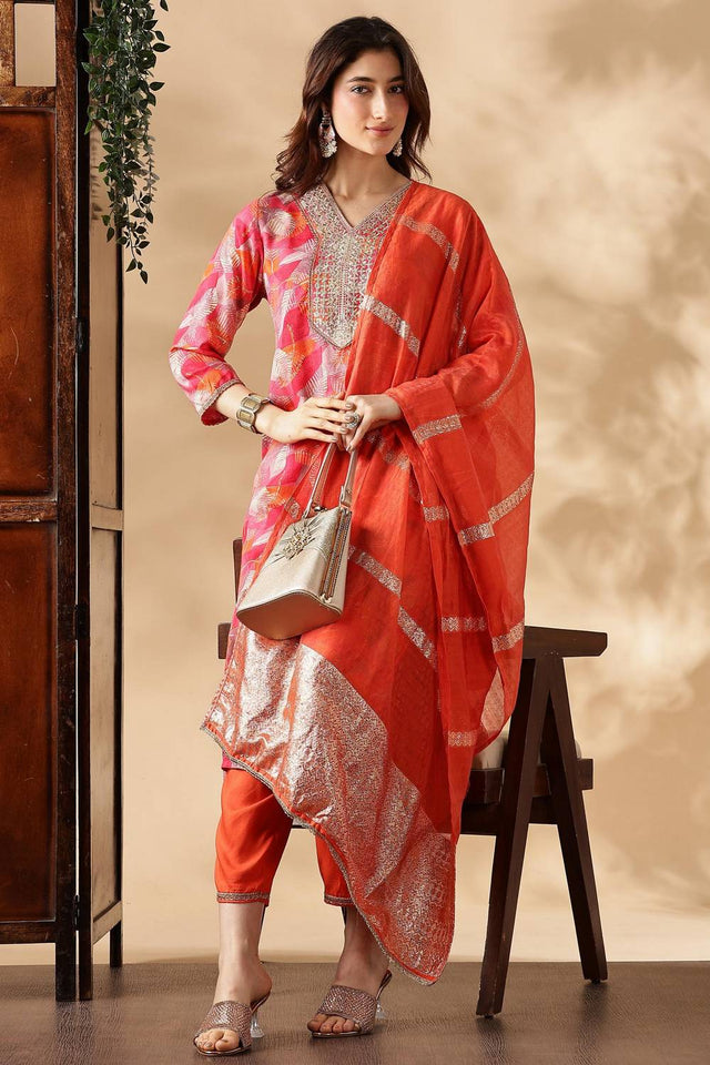Orange Printed Silk Kurti Pant Set