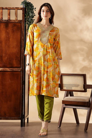 Yellow Printed Silk Kurti Pant Set