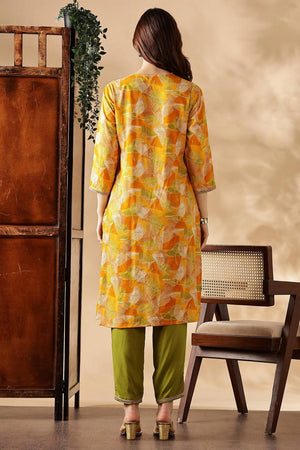 Yellow Printed Silk Kurti Pant Set