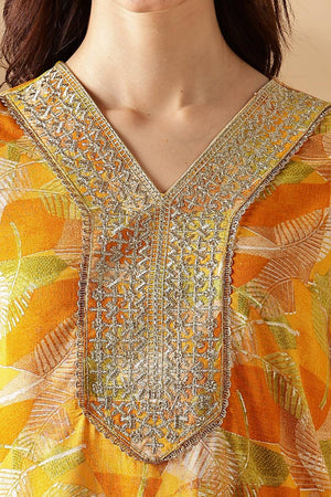 Yellow Printed Silk Kurti Pant Set