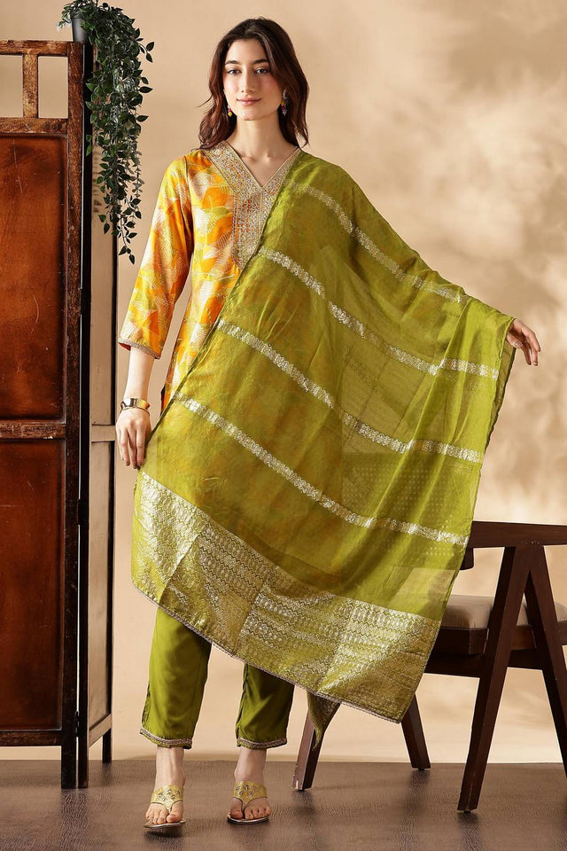 Yellow Printed Silk Kurti Pant Set