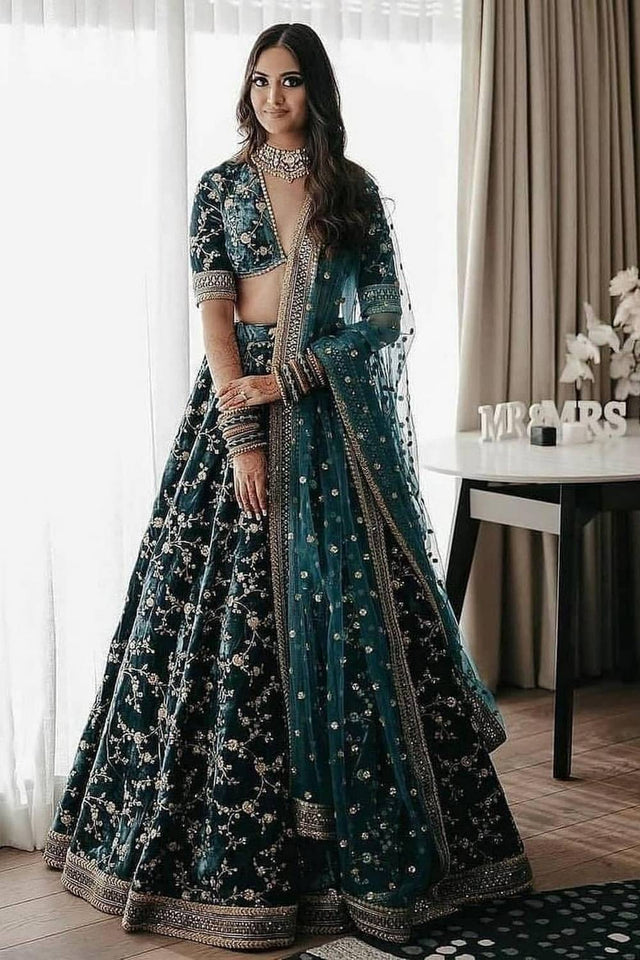 Green Floral Embroidered Velvet Lehenga