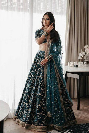 Green Floral Embroidered Velvet Lehenga