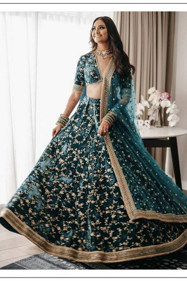 Green Floral Embroidered Velvet Lehenga