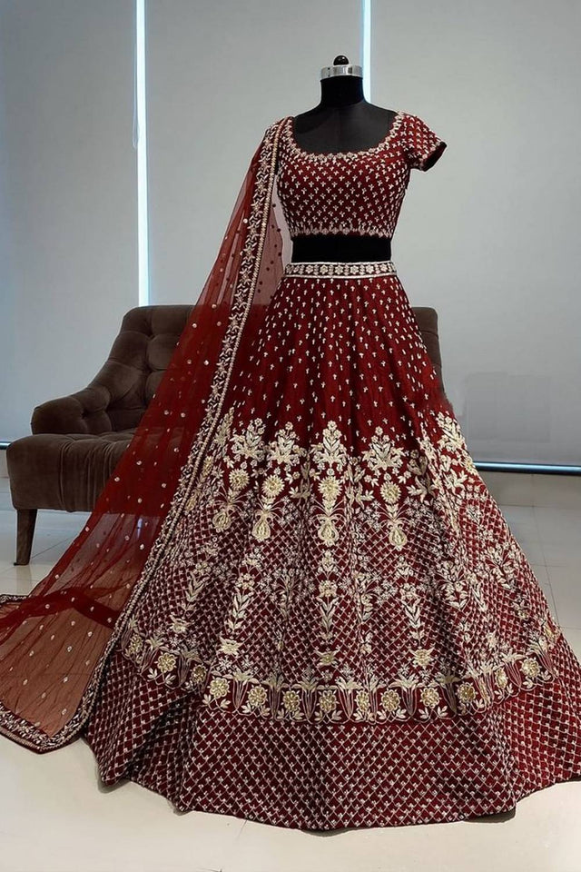 Maroon Floral Embroidered Art Silk Lehenga