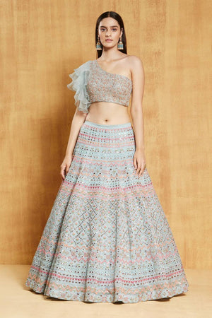 Light Blue Embroidered Art Silk Lehenga