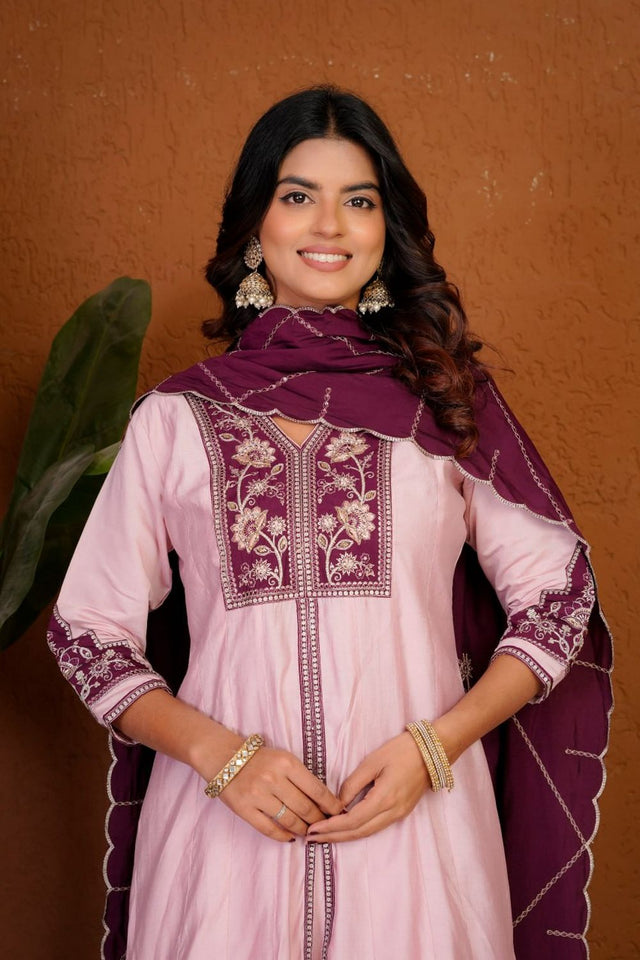 Light Pink Floral Embroidered Silk Palazzo Suit (Div-152-Baby Pink)