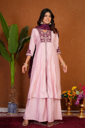 Light Pink Floral Embroidered Silk Palazzo Suit (Div-152-Baby Pink)