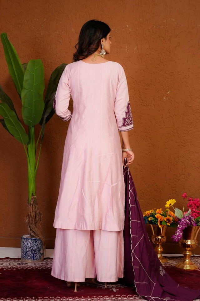Light Pink Floral Embroidered Silk Palazzo Suit (Div-152-Baby Pink)