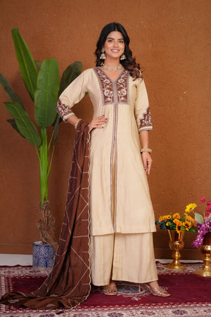 Cream Floral Embroidered Silk Palazzo Suit (Div-152-Cream)