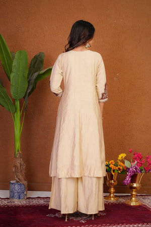 Cream Floral Embroidered Silk Palazzo Suit (Div-152-Cream)