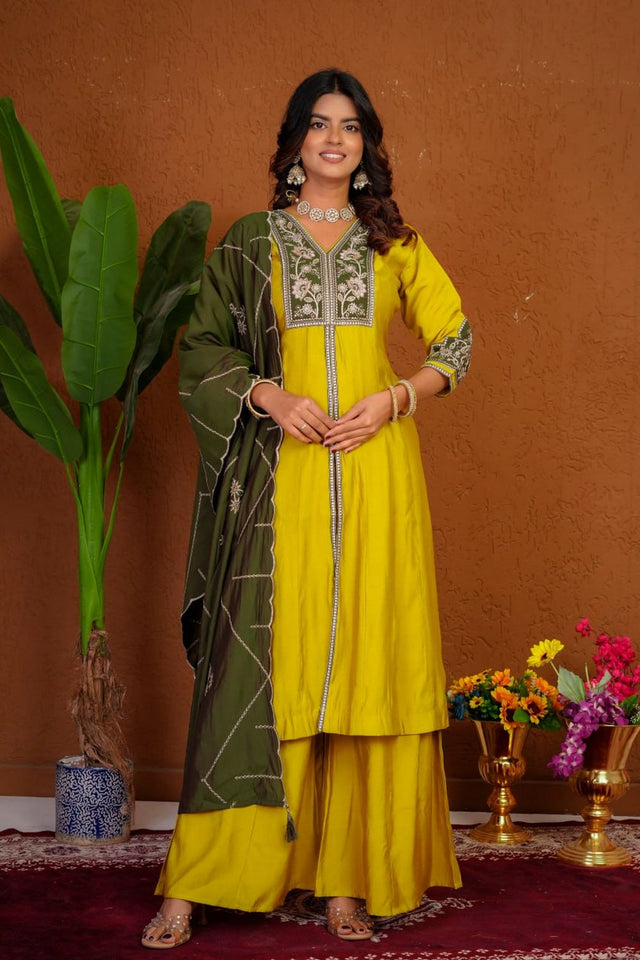 Mustard Floral Embroidered Silk Palazzo Suit (Div-152-Mustard Yellow)