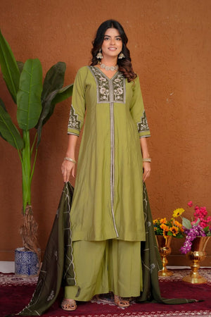Olive Green Floral Embroidered Silk Palazzo Suit (Div-152-Olive Green)