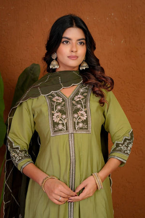 Olive Green Floral Embroidered Silk Palazzo Suit (Div-152-Olive Green)