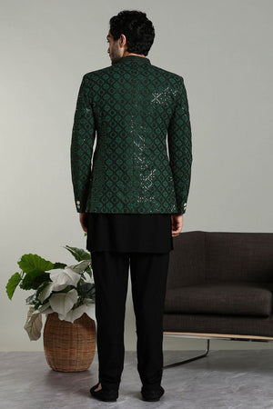 Mens Green Sequin with Embroidered Rayon Jacket with Kurta Pyjama Set (E-BG)
