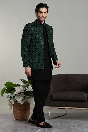 Mens Green Sequin with Embroidered Rayon Jacket with Kurta Pyjama Set (E-BG)