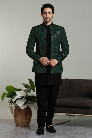 Mens Green Sequin with Embroidered Rayon Jacket with Kurta Pyjama Set (E-BG)