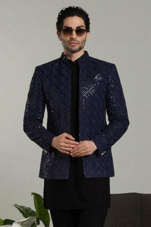 Mens Navy blue Sequin with Embroidered Rayon Jacket with Kurta Pyjama Set (E-NB)