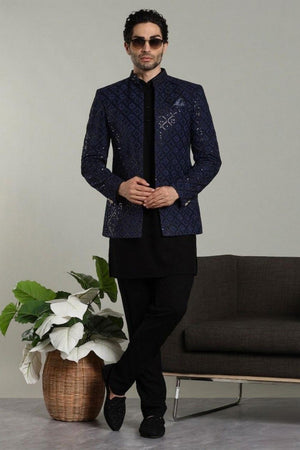 Mens Navy blue Sequin with Embroidered Rayon Jacket with Kurta Pyjama Set (E-NB)