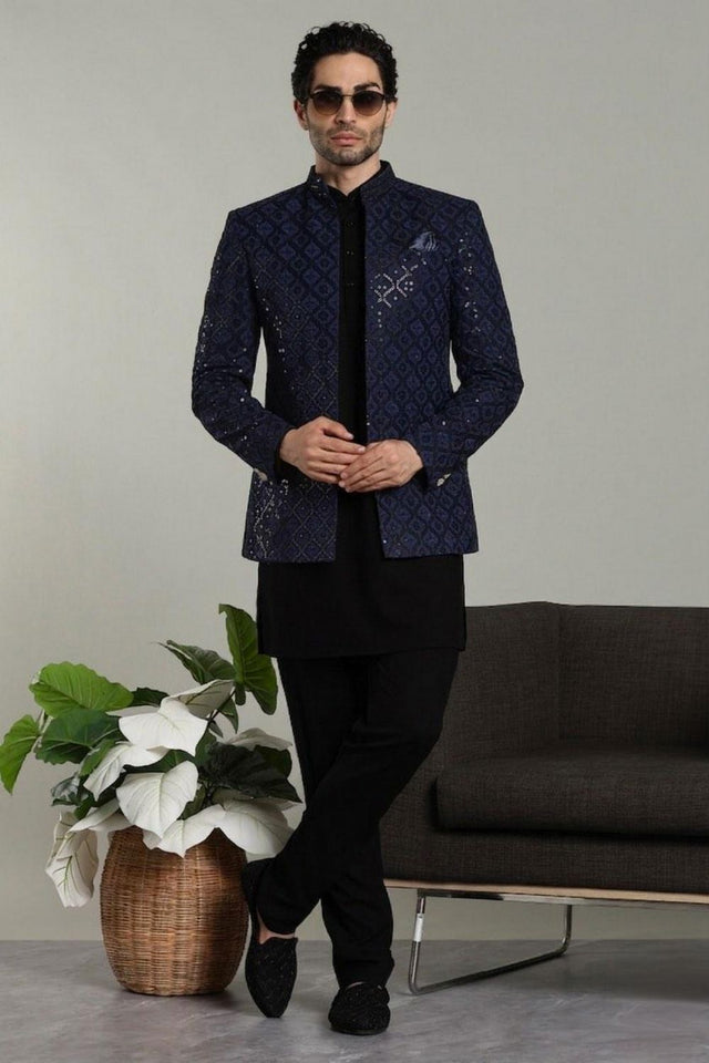 Mens Navy blue Sequin with Embroidered Rayon Jacket with Kurta Pyjama Set (E-NB)