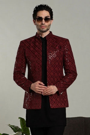Mens Red Sequin with Embroidered Rayon Jacket with Kurta Pyjama Set (E-R)