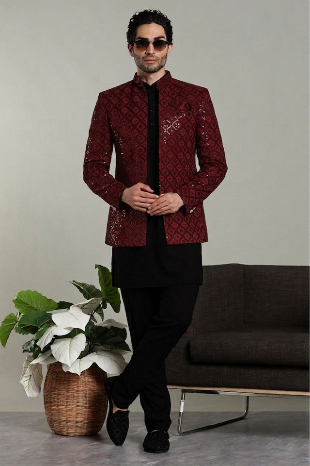 Mens Red Sequin with Embroidered Rayon Jacket with Kurta Pyjama Set (E-R)