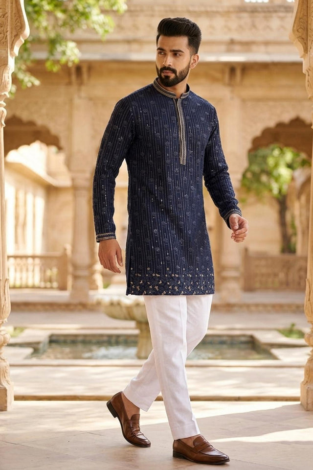 Mens Blue Sequin with Embroidered Georgette Kurta Only (EX-1)