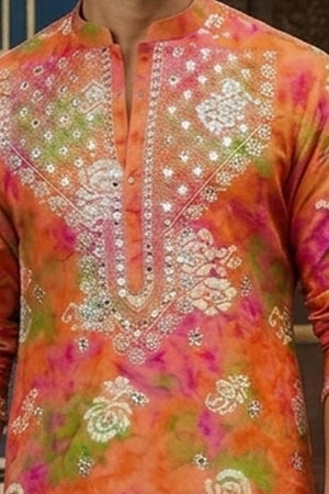 Mens Orange Printed Rayon Kurta Sets (EX-2)