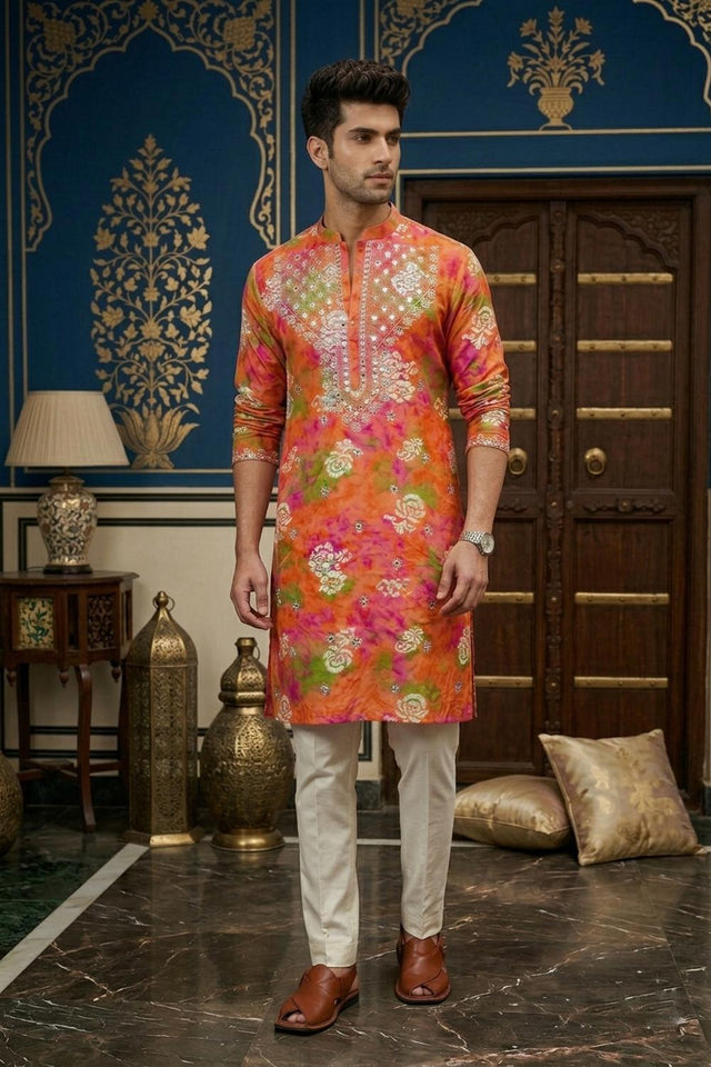 Mens Orange Printed Rayon Kurta Sets (EX-2)