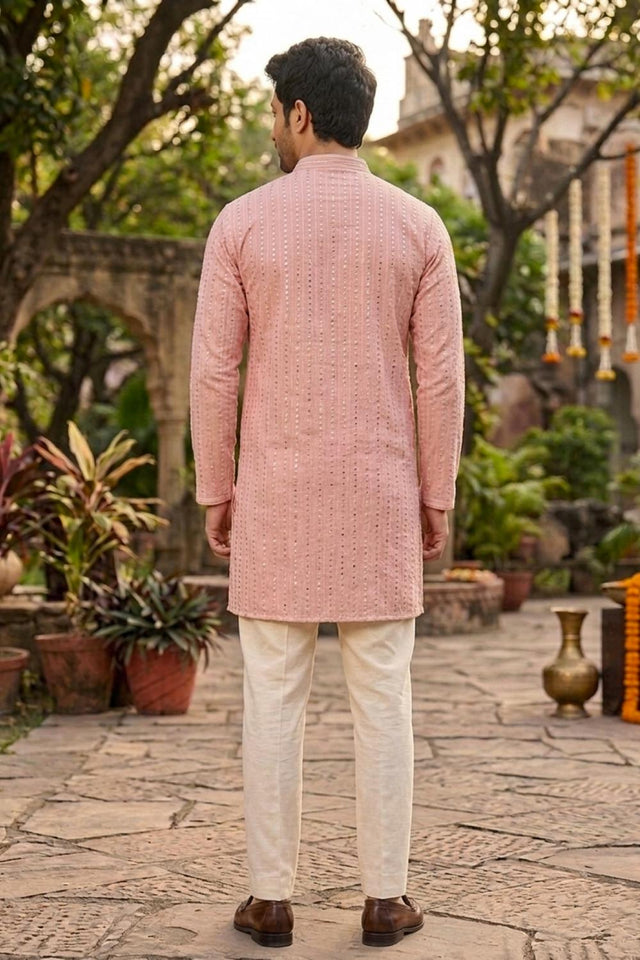 Mens Pink Embroidered Georgette Kurta Only (EX-3)