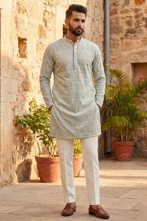 Mens Blue Floral Embroidered Georgette Kurta Only (EX-4)
