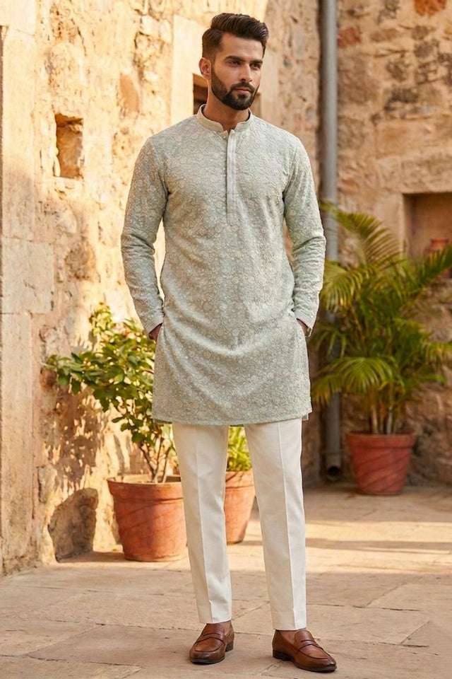 Mens Blue Floral Embroidered Georgette Kurta Only (EX-4)