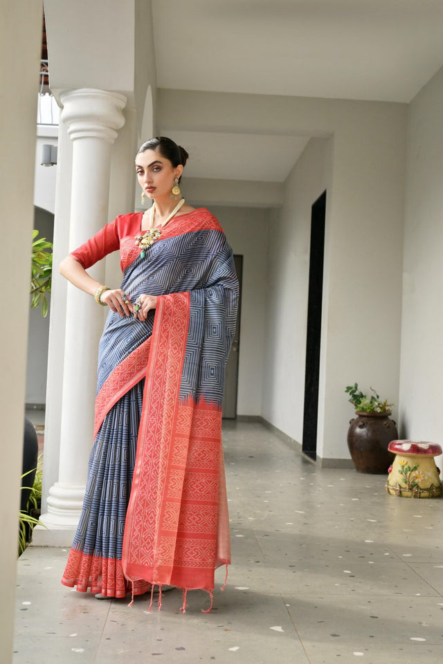 Grey Geometric Printed Art Silk Saree (Eth_SR_102)