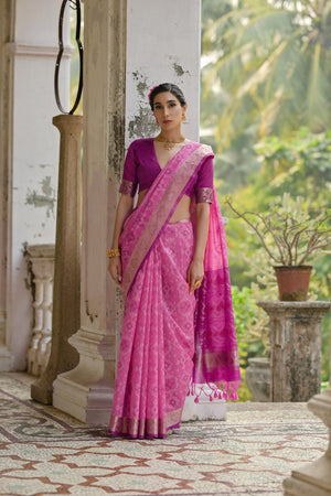 Pink Floral Woven Art Silk Saree (Eth_SR_244)