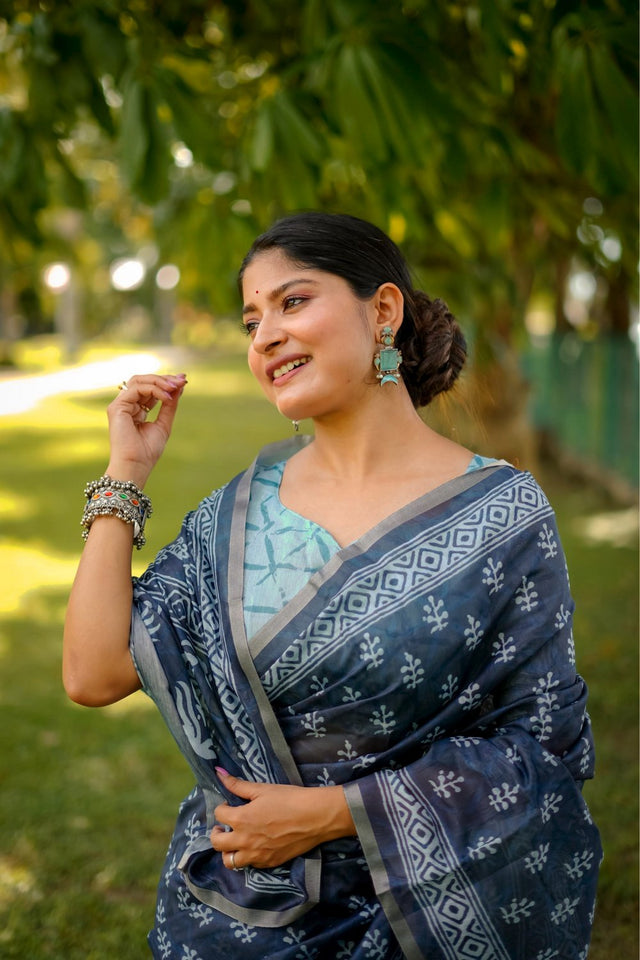 Blue Printed Art Silk Saree (Eth_SR_248)