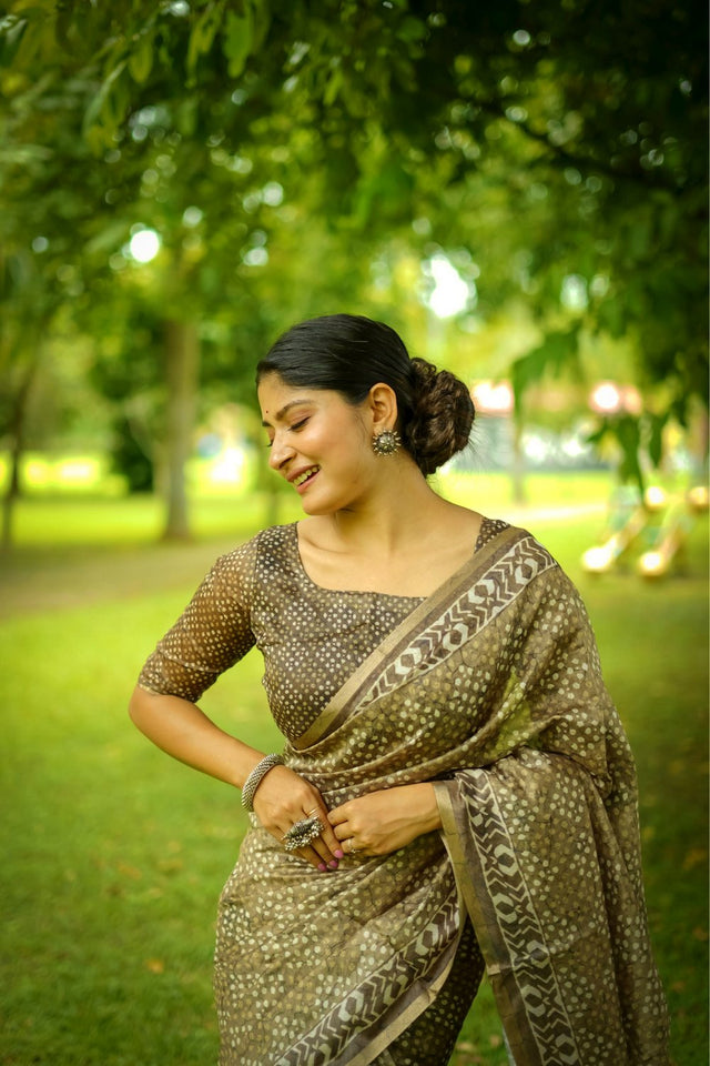 Mehendi Printed Art Silk Saree (Eth_SR_250)