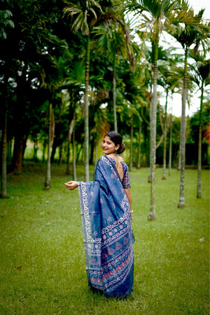 Blue Floral Printed Art Silk Saree (Eth_SR_252)