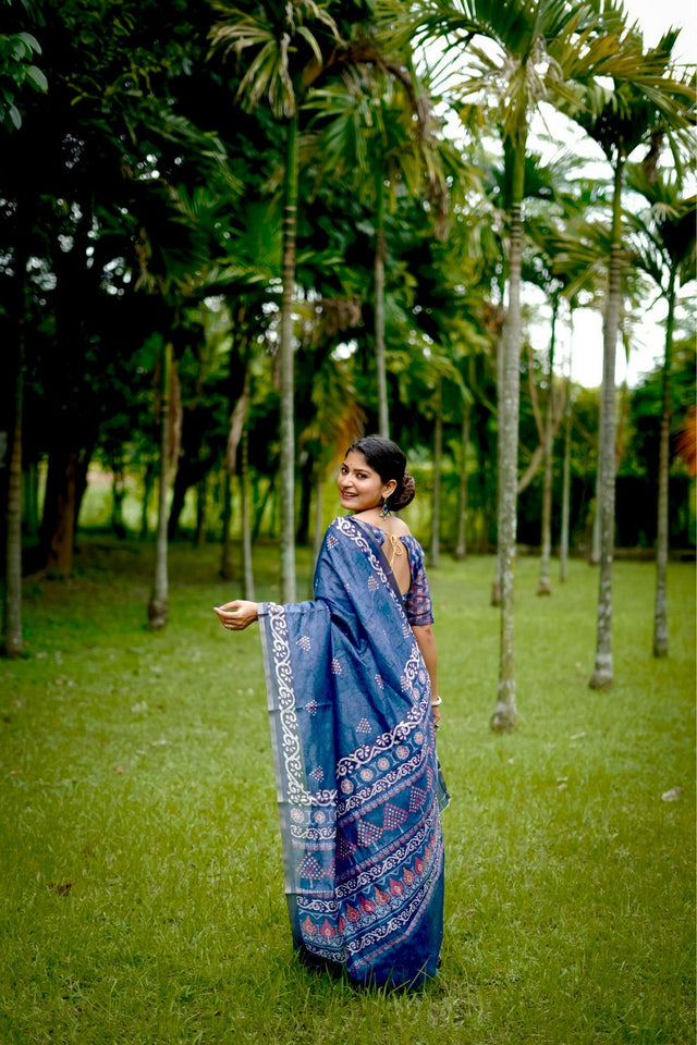 Blue Floral Printed Art Silk Saree (Eth_SR_252)