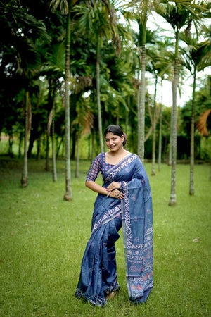Blue Floral Printed Art Silk Saree (Eth_SR_252)