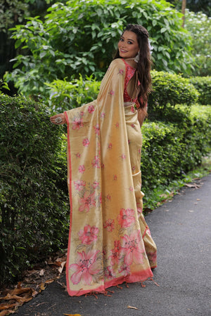 Yellow Floral Printed Art Silk Saree (Eth_SR_255)
