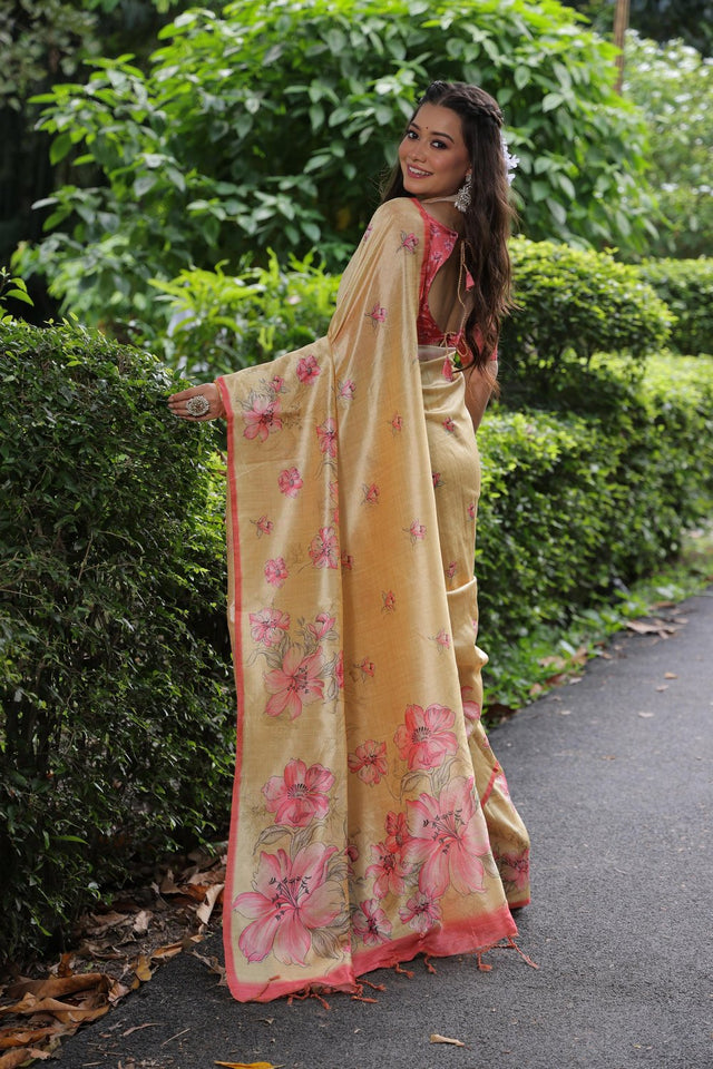 Yellow Floral Printed Art Silk Saree (Eth_SR_255)